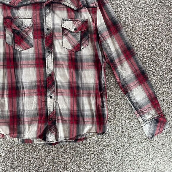 BKE Western Pearl Snap Shirt Mens Large Red White Plaid Athletic Fit Cowboy Work - Picture 4 of 12